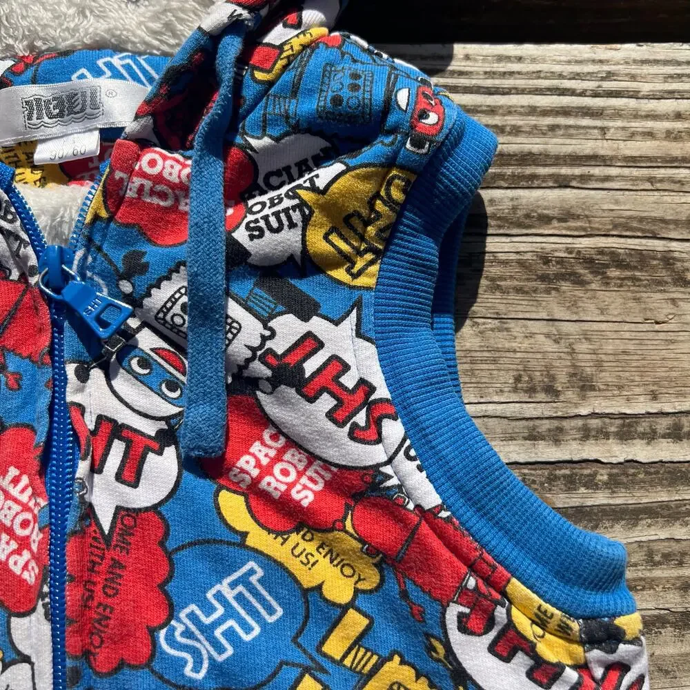 Japanese Robot Print Hooded Vest 2T | Faux Fur Lined Zip Kawaii Cartoon Toddler